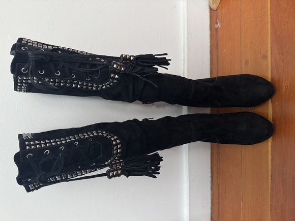 Black Stiletto Suede Boots Kristy Studs Tassels High Heel Booties 7.5 Saks Fifth - Picture 1 of 11